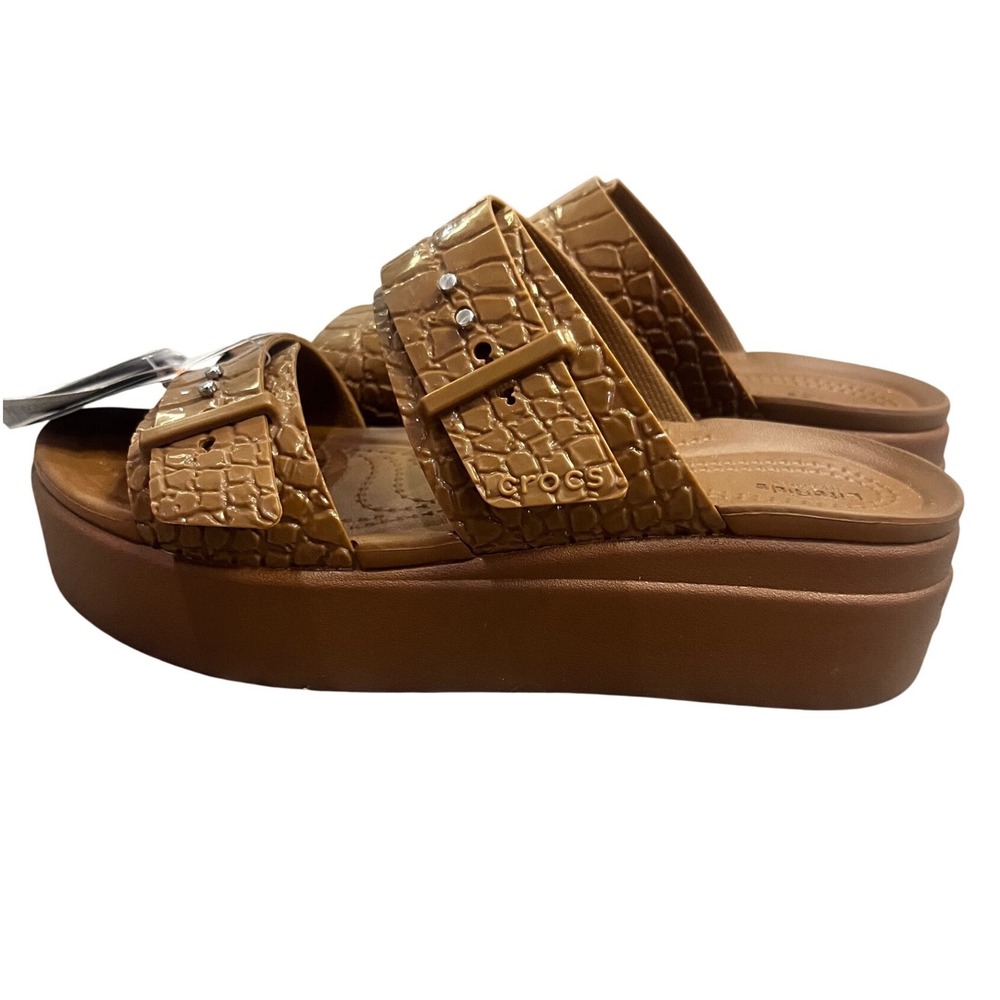 Crocs Brooklyn Croco Shine Buckle Brown Platform Sandals 209361-28G Womens 7 NEW